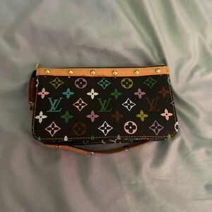 Louis Vuitton Black Multicolor Monogram Canvas Wristlet with Tan Trim